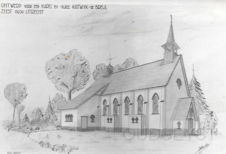 Kerken Zeist0004, Huize Katwijk-De Breul. Ontwerp Kapel Joh. H. van Galen, Architect, Nijmegen..jpg - Is in 1946 na de oorlog in gebruik genomen als onderdeel van Huize Katwijk Den Haag. Het Jezuieteninternaat kwam na vele om zwevingen hier terecht en is in 1981 opgeheven.